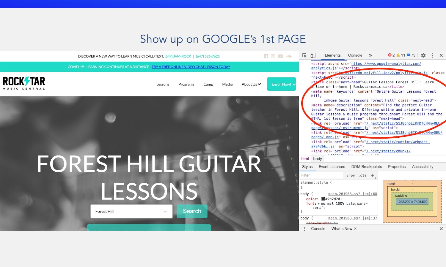 Rockstar Music's Forest Hill Guitar Lessons page with its search-optimized metadata highlighted in devtools