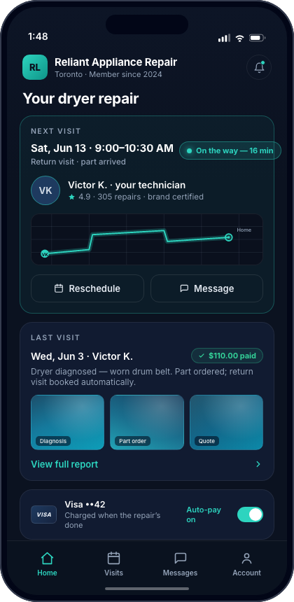 The branded client app: a customer tracks their upcoming visit live, views photo-proof reports and pays automatically