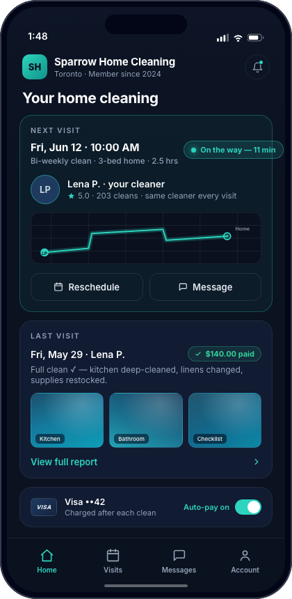 The branded client app: a client tracks their upcoming visit live, views photo-proof reports and pays automatically