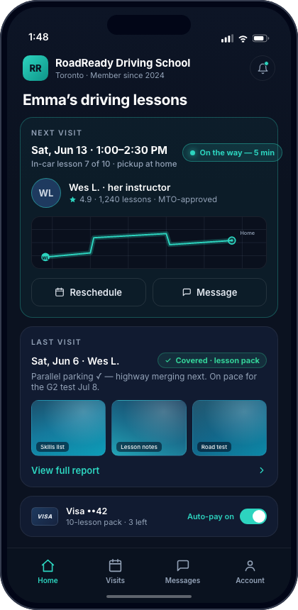 The branded client app: a student tracks their upcoming visit live, views photo-proof reports and pays automatically