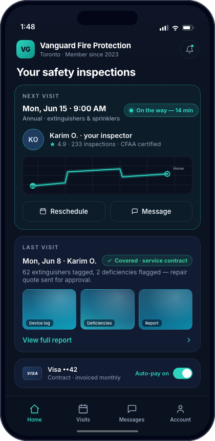 The branded client app: a client tracks their upcoming visit live, views photo-proof reports and pays automatically