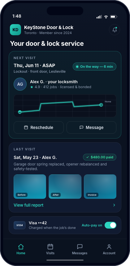The branded client app: a customer tracks their upcoming visit live, views photo-proof reports and pays automatically