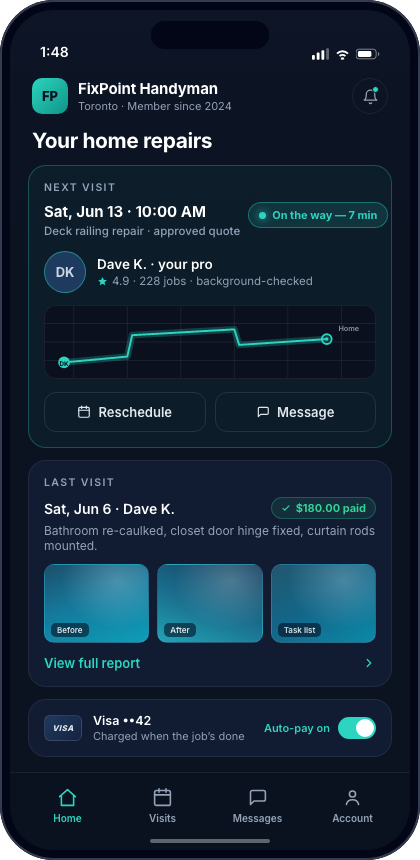 The branded client app: a customer tracks their upcoming visit live, views photo-proof reports and pays automatically