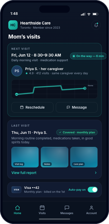 The branded client app: a client tracks their upcoming visit live, views photo-proof reports and pays automatically