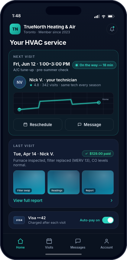 The branded client app: a customer tracks their upcoming visit live, views photo-proof reports and pays automatically