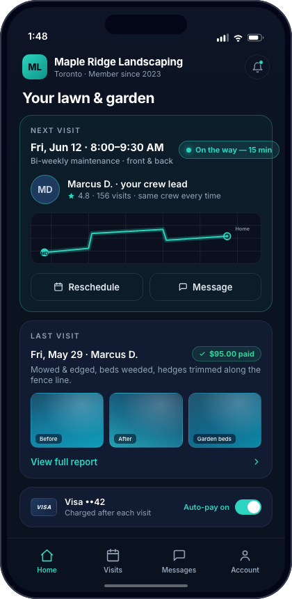 The branded client app: a customer tracks their upcoming visit live, views photo-proof reports and pays automatically