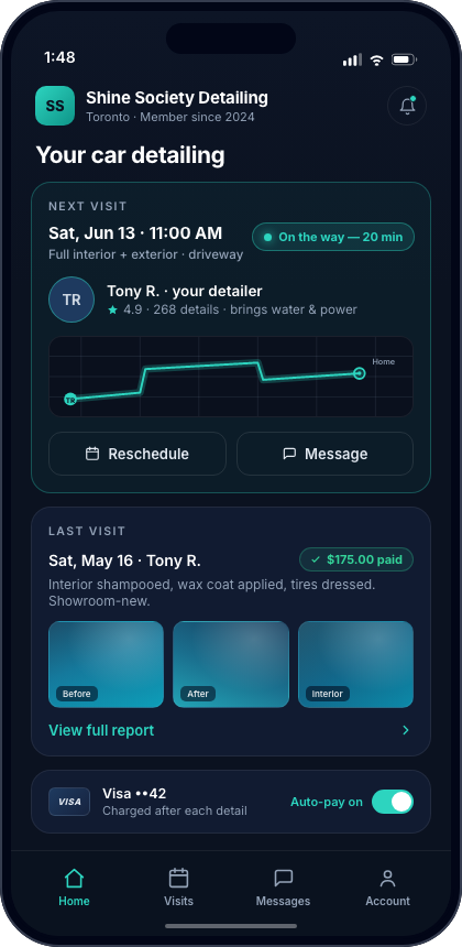 The branded client app: a customer tracks their upcoming visit live, views photo-proof reports and pays automatically