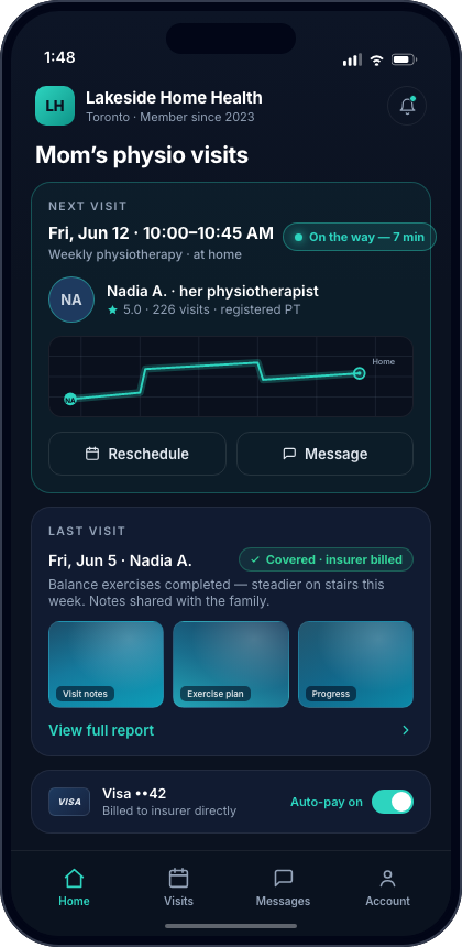 The branded client app: a patient tracks their upcoming visit live, views photo-proof reports and pays automatically