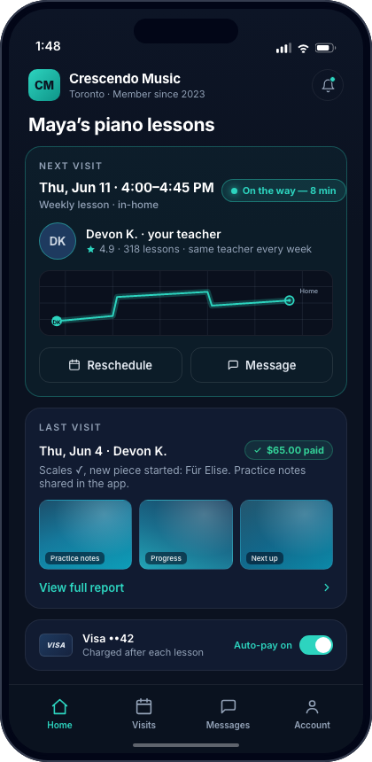 The branded client app: a student tracks their upcoming visit live, views photo-proof reports and pays automatically
