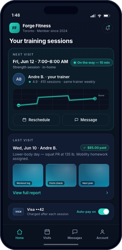 The branded client app: a client tracks their upcoming visit live, views photo-proof reports and pays automatically