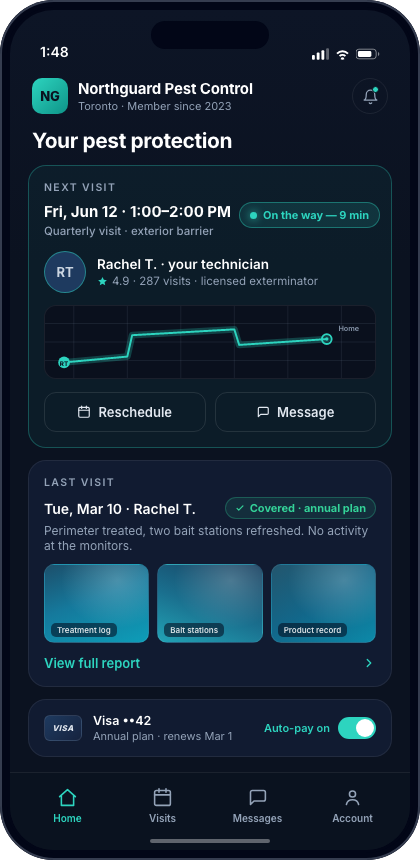 The branded client app: a customer tracks their upcoming visit live, views photo-proof reports and pays automatically
