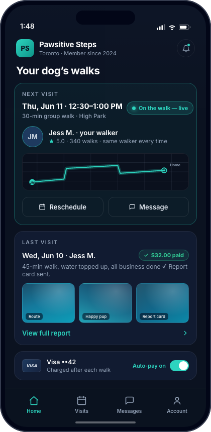 The branded client app: a owner tracks their upcoming visit live, views photo-proof reports and pays automatically