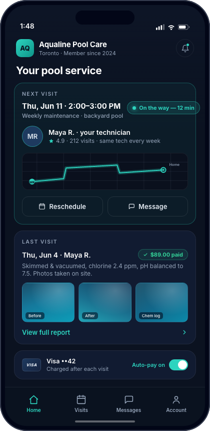 The branded client app: a customer tracks their upcoming visit live, views photo-proof reports and pays automatically