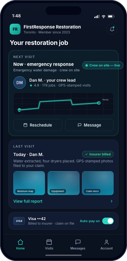 The branded client app: a customer tracks their upcoming visit live, views photo-proof reports and pays automatically