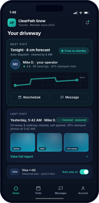 The branded client app: a customer tracks their upcoming visit live, views photo-proof reports and pays automatically