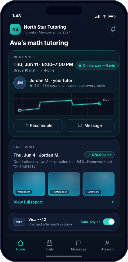 The branded client app: a student tracks their upcoming visit live, views photo-proof reports and pays automatically