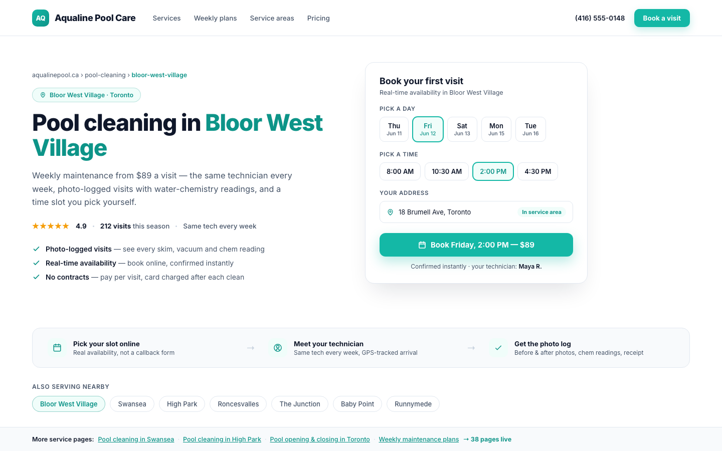 A generated local landing page for Aqualine Pool Care: 'Pool cleaning in Bloor West Village' with a booking widget showing real date and time slots, a 4.9-star trust strip with 212 visits this season, and chips for nearby service areas like Swansea and High Park