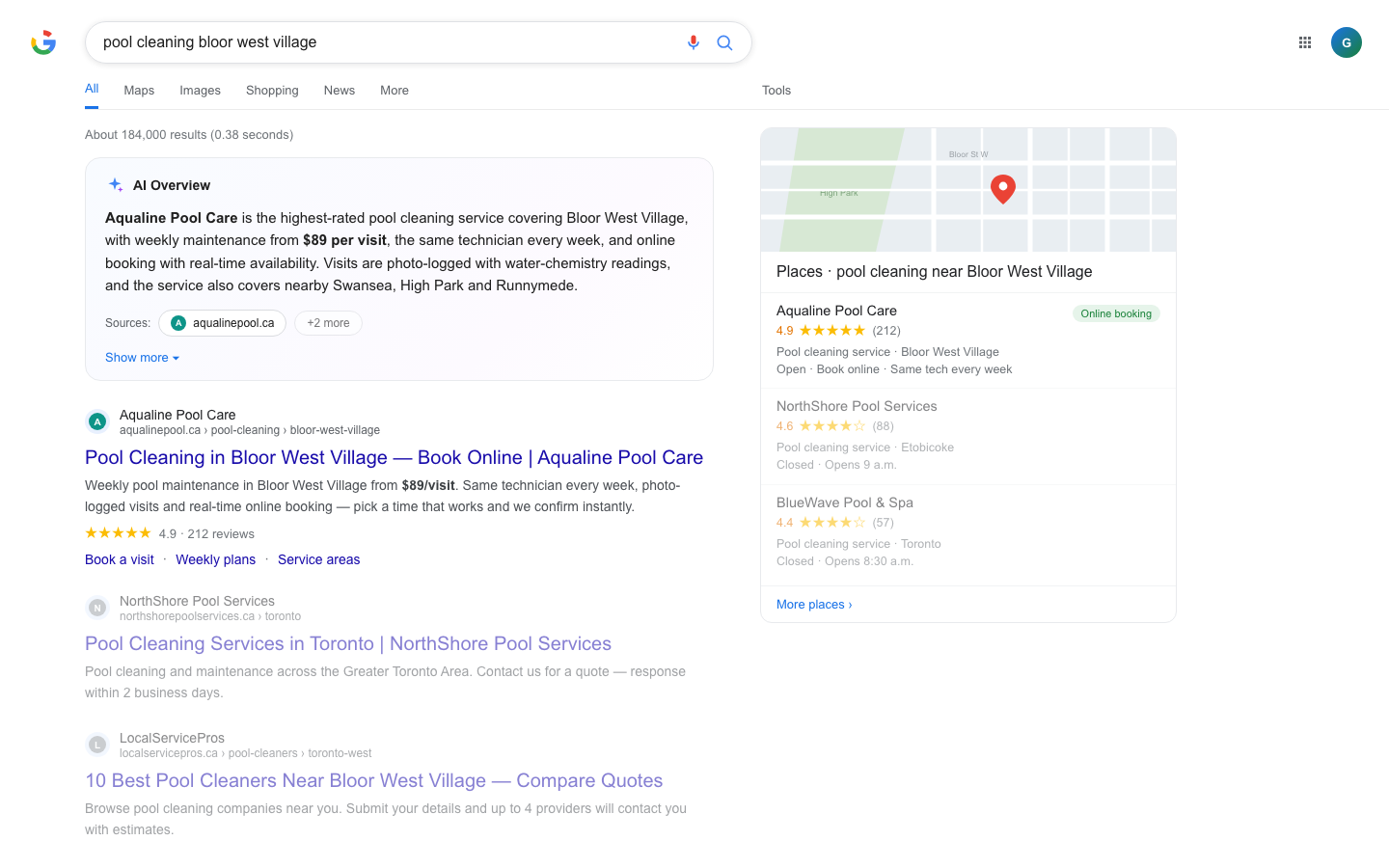 A search results page for 'pool cleaning bloor west village': the AI Overview cites the business and its generated page ranks first with online booking